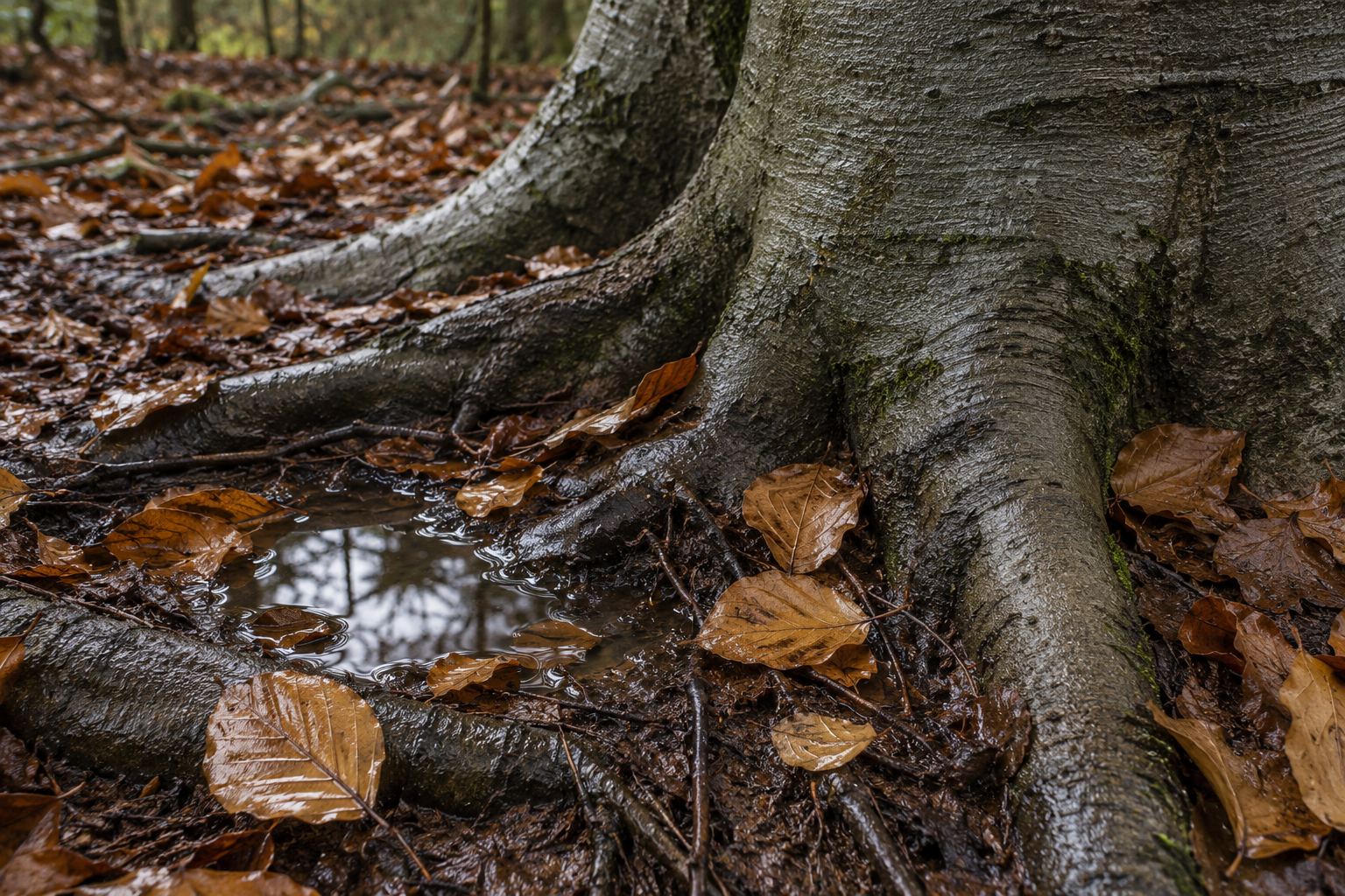 Copper beech leaves and a small pool of rainwater between exposed roots