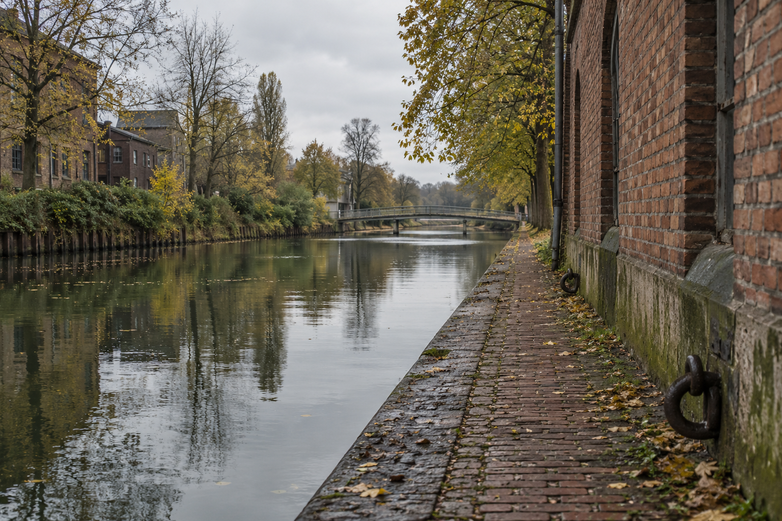 An autumn canal beside a wet brick towpath and an old warehouse wall