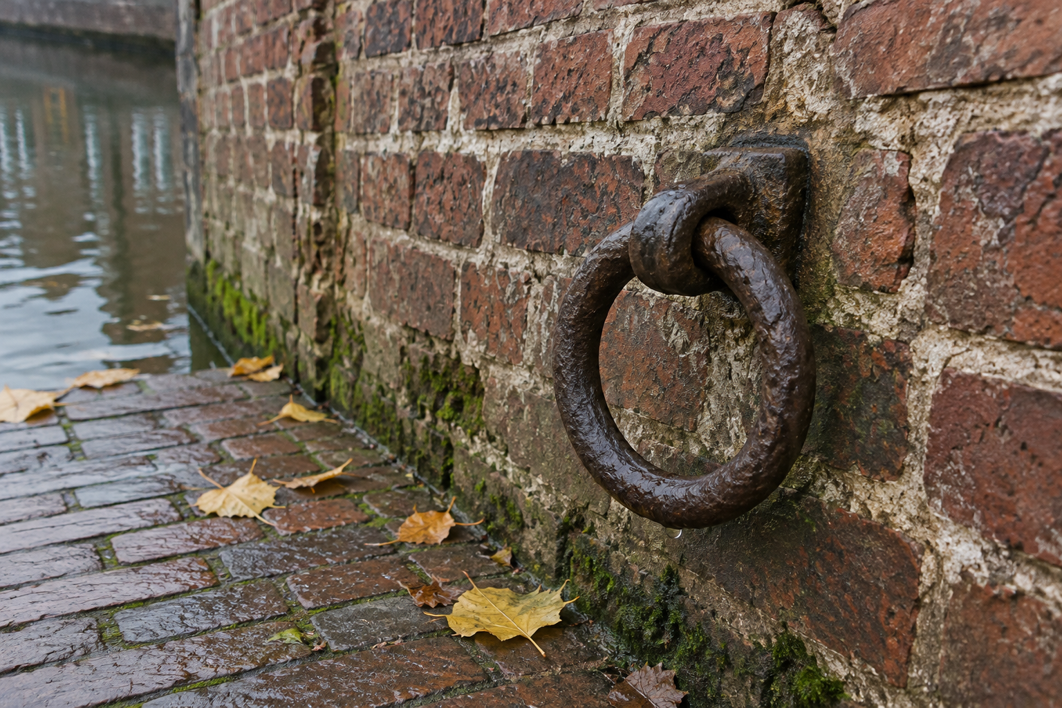A worn iron mooring ring on a damp brick wall above fallen leaves