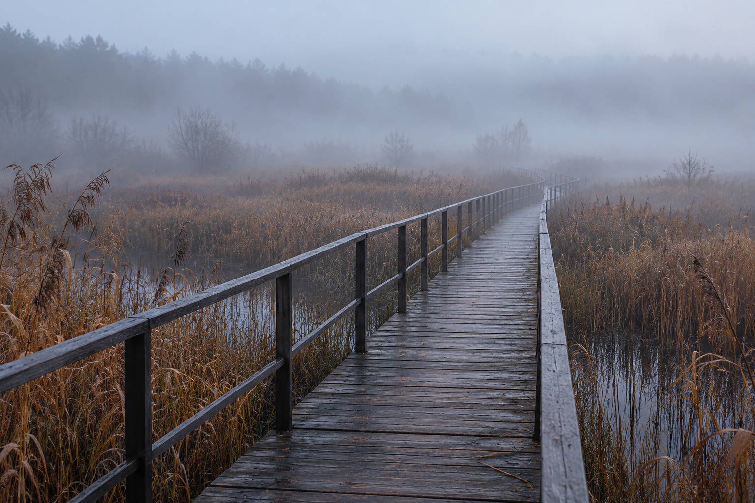 A timber footbridge in pale fog above a reed marsh